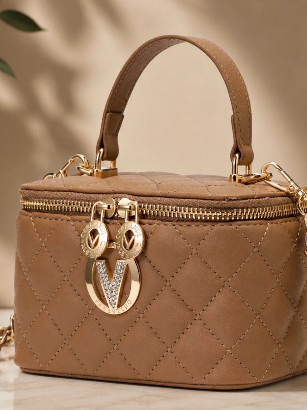 Valentino Orlandi Quilted Tan Mini Vanity Bag with Gold Hardware